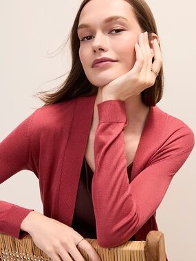 Ann Taylor L Coral Rose Clay Wool Blend Fine Knit Light Weight Long Cardigan